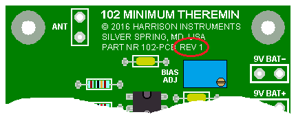 102 Minimum Theremin Printed Circuit Board Revision 1 Marking